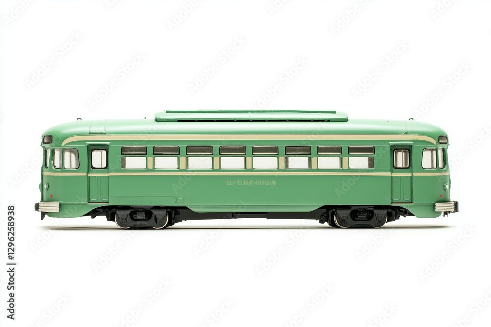 Side profile of Streetcar, Train, collectible vehicle model, white background Side profile of Streetcar, Train, collectible vehicle model, white background
