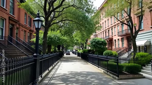 Serene Street Scene in Brooklyn: A Picturesque Walkway Lined with Elegant Brownstone Buildings