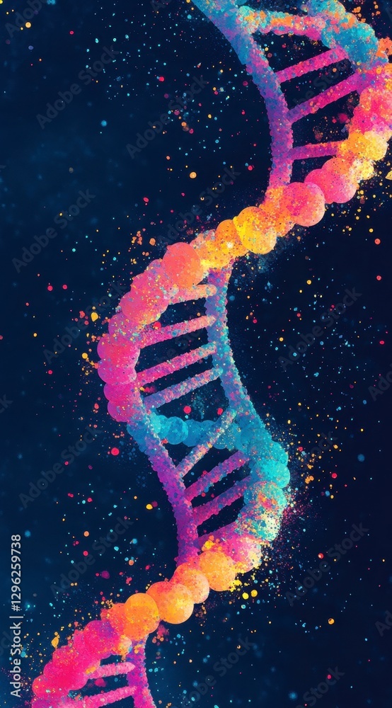 Obraz premium Vibrant Colorful DNA Double Helix with Splashes of Paint and Stars
