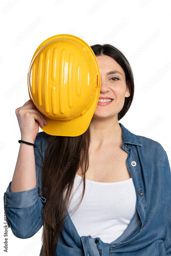 Smiling Female Construction Worker Holding Safety Helmet Smiling Female Construction Worker Holding Safety Helmet