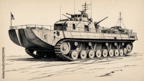 Amphibious Tank Drawing. Military Vehicle Sketch on Paper. Armed Assault Craft with Tracks and Flag.