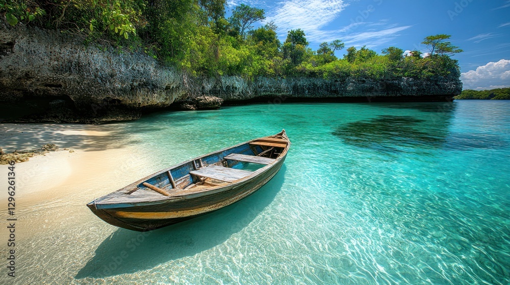 Tranquil wooden boat on pristine tropical beach with crystal-clear turquoise water and lush green cliffs. Tranquil wooden boat on pristine tropical beach with crystal-clear turquoise water and lush green cliffs.