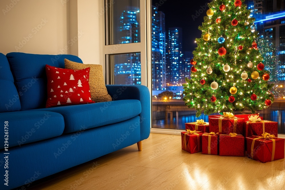 A living room with an open door showing the city lights outside, decorated for Christmas with presents under it and a tree in the corner A living room with an open door showing the city lights outside, decorated for Christmas with presents under it and a tree in the corner