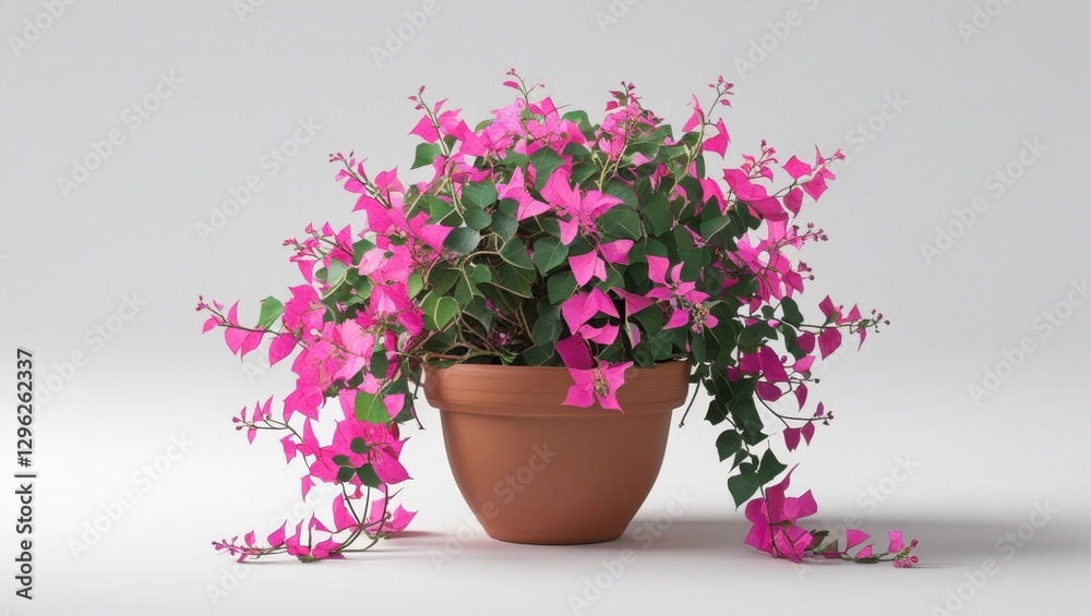 Compact Bougainvillea Shrub with Pink Blossoms in a Terracotta Pot on White Background Indoor Decorative Plant with Vivid Floral Detail