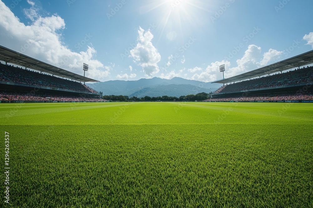 Fototapeta premium Vast Green Sports Field under Bright Blue Sky with Spectators Nearby