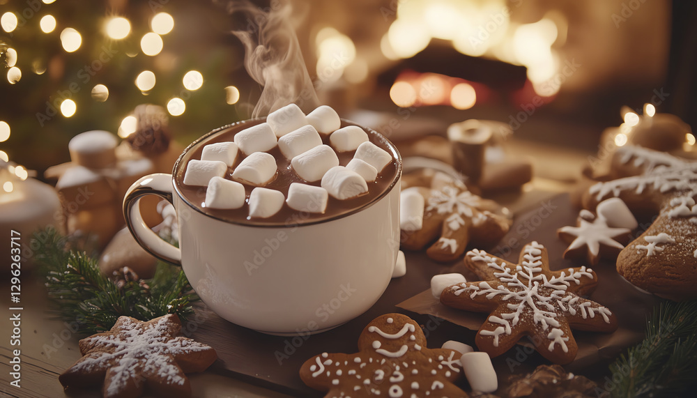 Cozy hot chocolate with marshmallows and cookies Cozy hot chocolate with marshmallows and cookies