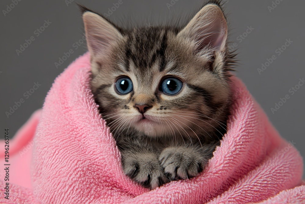 Adorable Kitten Wrapped in Soft Pink Towel with Big Blue Eyes Looking Curious and Playful Adorable Kitten Wrapped in Soft Pink Towel with Big Blue Eyes Looking Curious and Playful