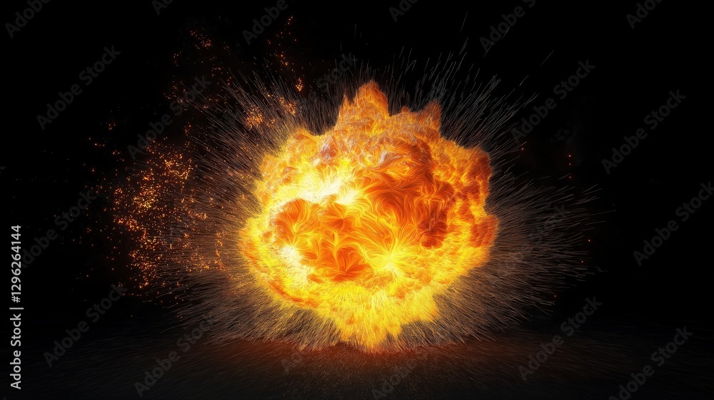 Fototapeta premium 3D render of a vibrant fireball explosion with sparks on a black background