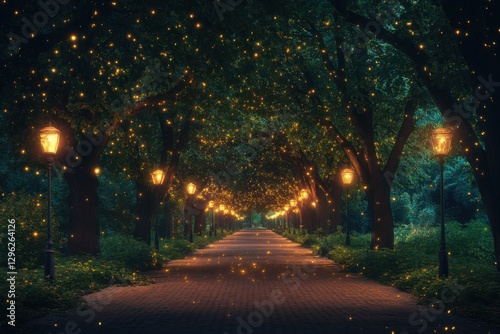 A photo of a welllit pathway amidst a dense forest accentuated by vibrant lights Glowing tree alley lightened up by fireflies in a park at night .