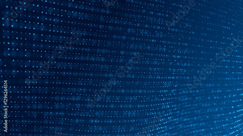 Blue background, live animation. Chaotic 3D waves particle. Circles, dots with neon glow. Bright, blurred stars. Outer space, Milky Way, captivating display of matter. 4k computer screensaver.