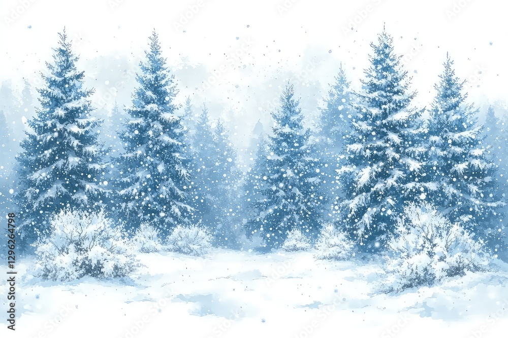 Serene winter landscape with snow-covered trees, gentle snowfall, and a tranquil atmosphere Serene winter landscape with snow-covered trees, gentle snowfall, and a tranquil atmosphere