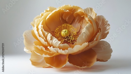 Large Lush Amber Colored Peony Bloom with Detailed Petals and Texture on a White Background with Studio Lighting