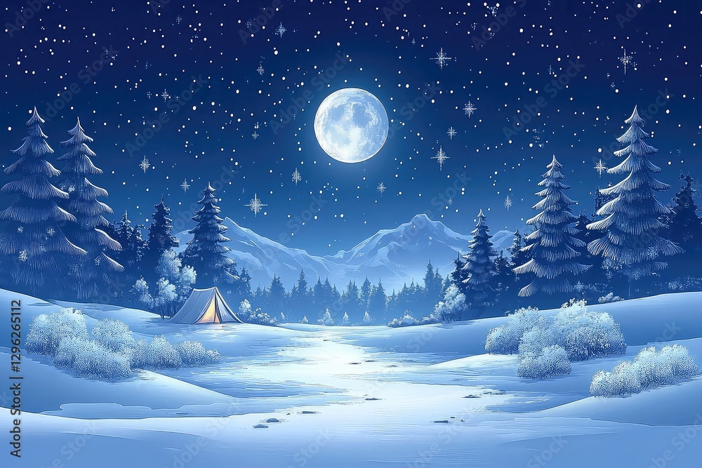 Naklejka premium Serene winter night landscape featuring a glowing moon over a snowy campsite surrounded by pine trees