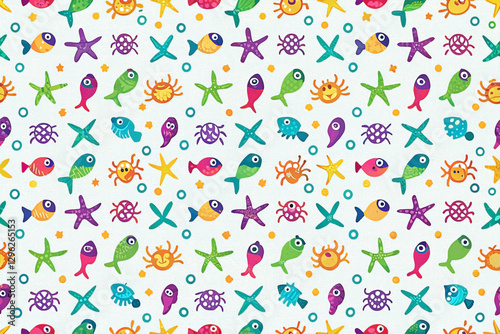 Colorful cartoon sea creatures seamless pattern.