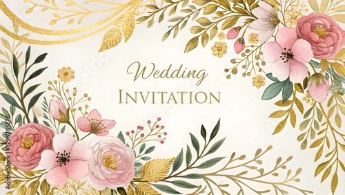 Luxury Wedding Invitation Floral Border with Gold Foil - Elegant Decorative Frame