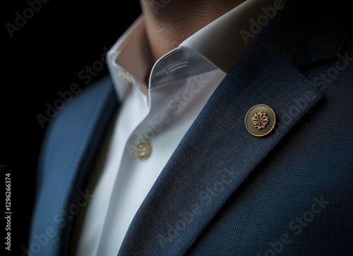 Close-up of the lapel pin on an elegant blue suit jacket worn by a handsome man with a beard, macro photography, high-resolution camera, isolated on a black background,