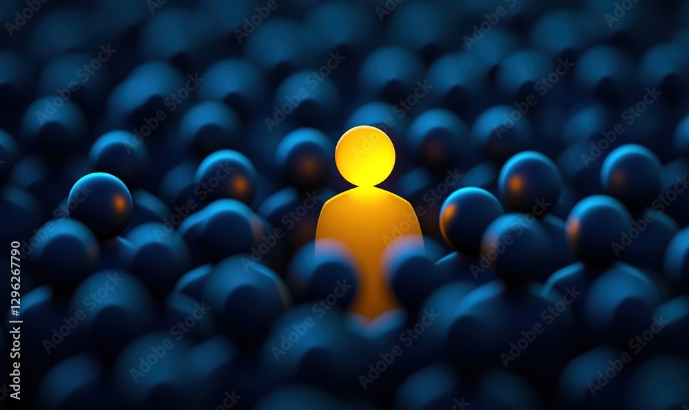 Obraz premium Glowing Yellow Figure Amidst a Crowd of Dark Blue Spheres