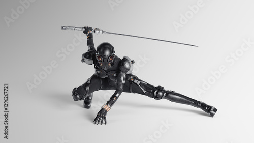 Beautiful brave sci-fi female cyborg assassin wears shiny black metal armor, helmet, high heels, holding katana sword in one hand in dynamic ninja fighting strike stance. 3d render on gray background. photo