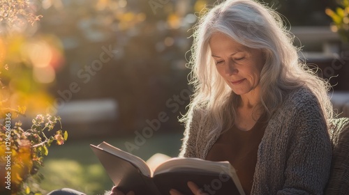 A mature woman, her hair streaked with silver, sits on a patio in her backyard, bathed in the warm sunlight of a late afternoon, her laptop open and a book resting gently on her lap. The air carries