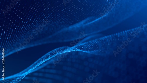 Blue background, live animation. Chaotic 3D waves particle. Circles, dots with neon glow. Bright, blurred stars. Outer space, Milky Way, captivating display of matter. 4k computer screensaver.
