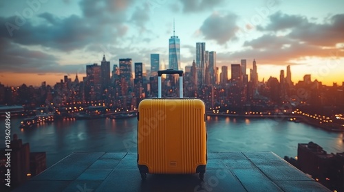 Yellow suitcase, NYC sunset, rooftop, travel
