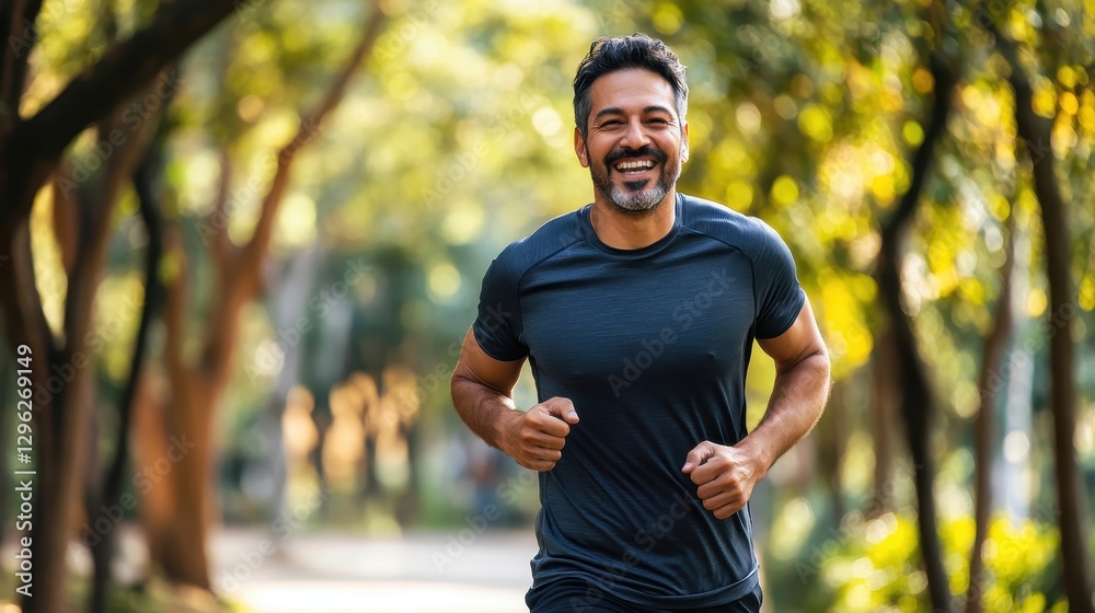A jubilant Hispanic man, his face beaming, jogged through a vibrant park, his strides light and his spirit bright, a testament to the joy of living and enjoying life is outdoor adventures. A jubilant Hispanic man, his face beaming, jogged through a vibrant park, his strides light and his spirit bright, a testament to the joy of living and enjoying life is outdoor adventures.