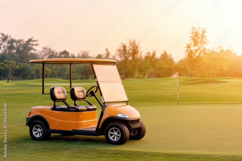 Bright Orange Golf Cart on Scenic Green Golf Course at Sunset Bright Orange Golf Cart on Scenic Green Golf Course at Sunset