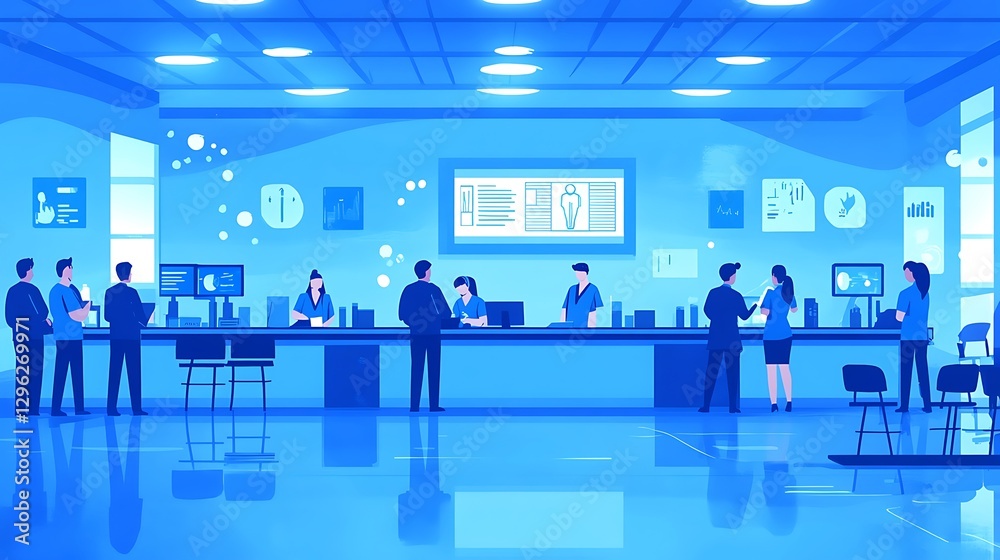 People are interacting with staff in a medical office environment
