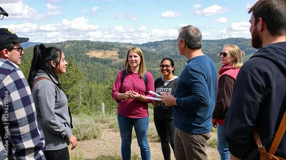 Students engaging in outdoor learning, enjoying scenic mountain views. A professor leads the discussion against a backdrop of rolling hills and a sunny sky. Students engaging in outdoor learning, enjoying scenic mountain views. A professor leads the discussion against a backdrop of rolling hills and a sunny sky.