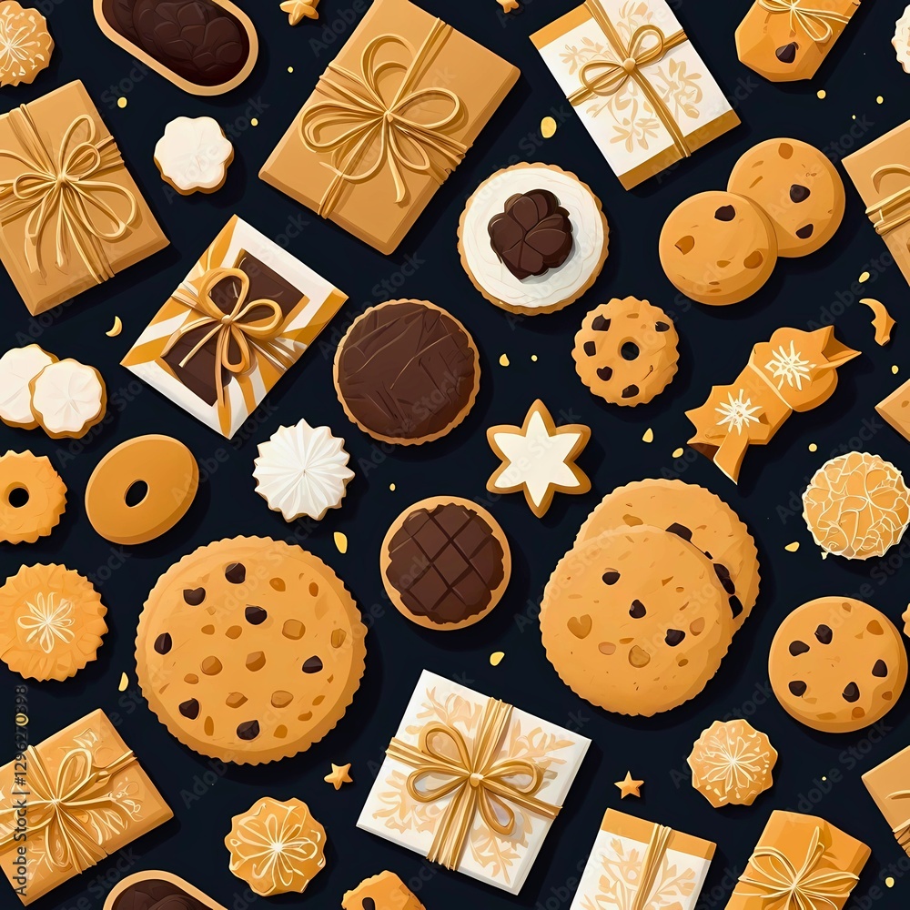 A seamless pattern featuring delicious cookies, biscuits, and wrapped gift boxes on a dark background. A seamless pattern featuring delicious cookies, biscuits, and wrapped gift boxes on a dark background.