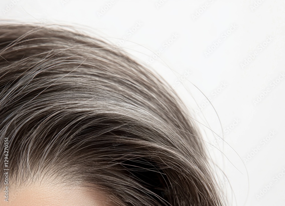 Naklejka premium Close-up of a woman's head with gray hair, focused on the forehead. The beautiful girl's dark brown hair is turning silver and gray due to age and stress. 
