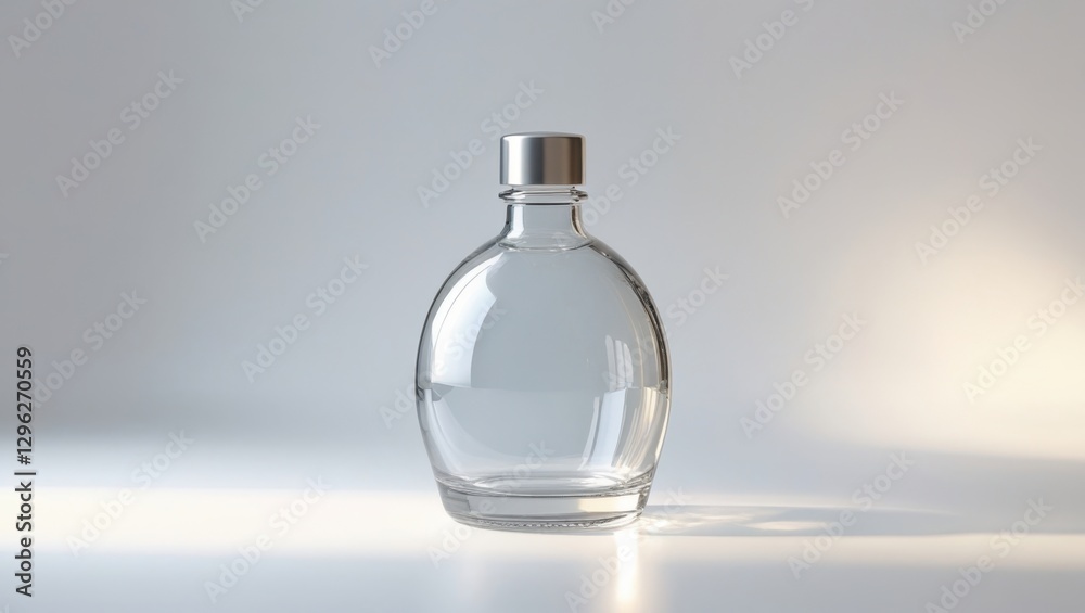 Transparent Glass Syrup Bottle with Silver Cap on White Background in Studio Lighting for Product Mockup Display Transparent Glass Syrup Bottle with Silver Cap on White Background in Studio Lighting for Product Mockup Display