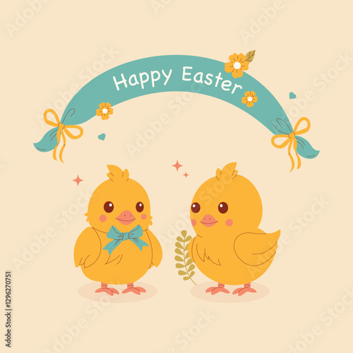 A cute Easter illustration featuring two adorable chicks under a "Happy Easter" banner, decorated with flowers and ribbons. Perfect for greeting cards, invitations, and festive designs.


