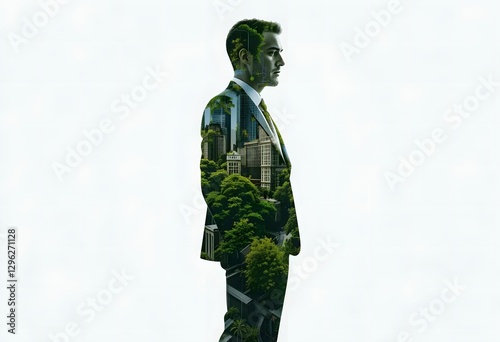 Eco-friendly Business Concept: Green Urban Environment Double Exposure of Nature and Modern City in Silhouette of a Professional