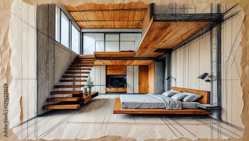 Bedroom sketch art with stairs, bed and plant. Wooden interior design on paper with rough edges. Gray blanket and white walls in house.