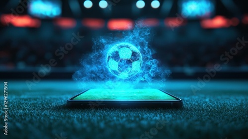 Futuristic Soccer Ball Emerging from Smartphone on Sports Field