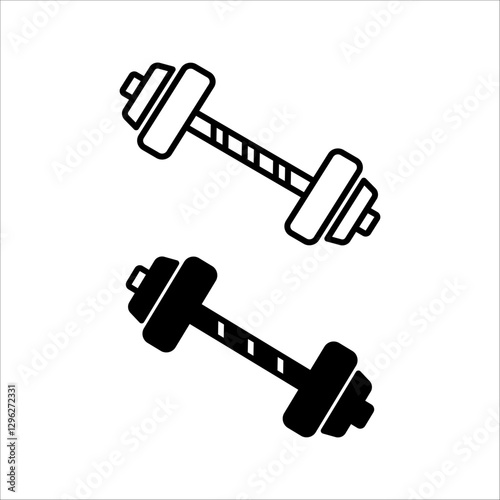 Dumbbell icons set in outlined and filled flat style. Gym heavy strength training dumbbell line pictograms. Weight lifting dumbbell signs.