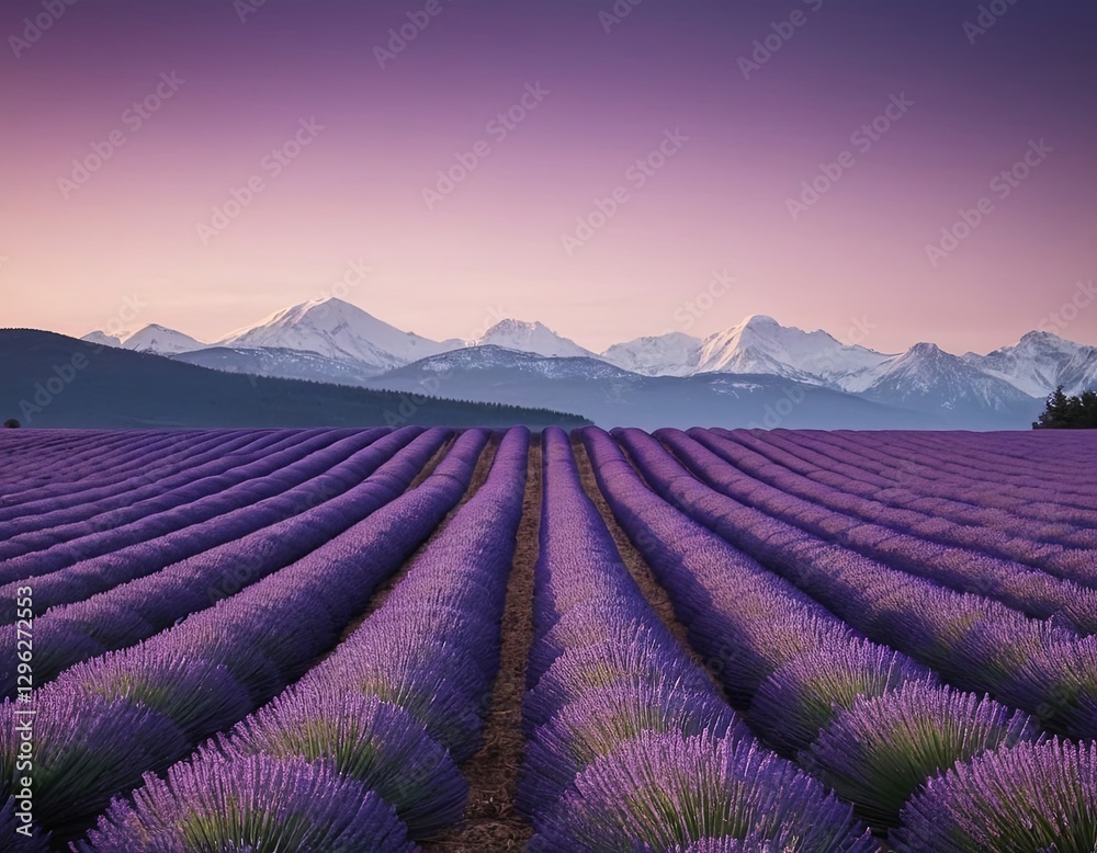 Naklejka premium A stunning lavender field stretches toward majestic snow-capped mountains under a twilight sky.