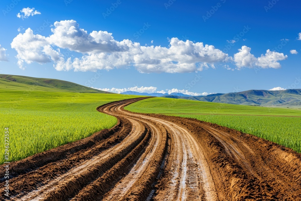 Winding Dirt Path Through Lush Green Fields Under Blue Sky Winding Dirt Path Through Lush Green Fields Under Blue Sky