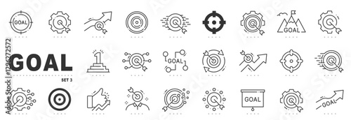 Set of goal related line icons. Target, aim, mission, victory etc. Editable stroke. Set 3