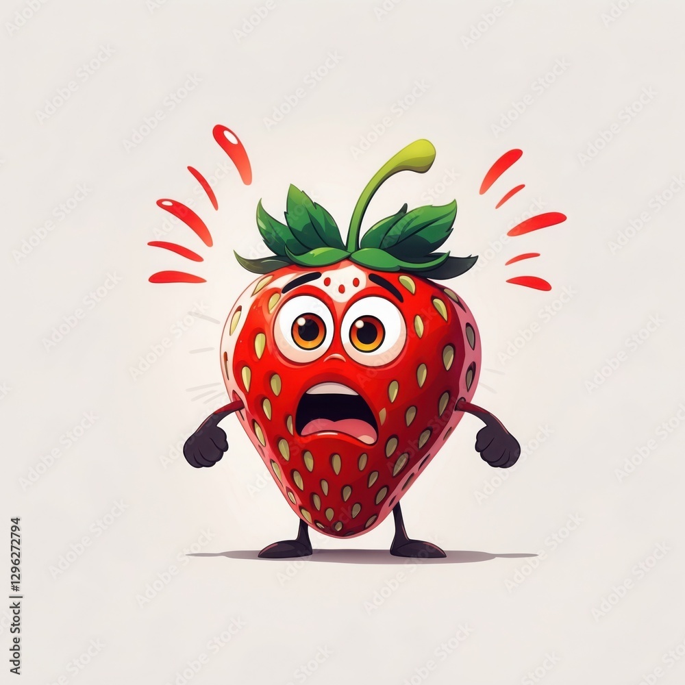 Fototapeta premium Cartoon Strawberry is scared. Red berry with green leaves, brown seeds and black limbs shows big eyes and open mouth. Image created on white background.