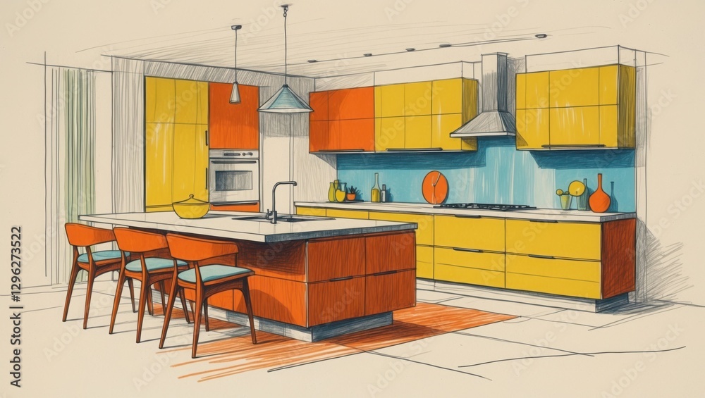 Obraz premium Kitchen interior drawing. Orange and yellow cabinets, island, chairs. Ink sketch style, bright colors.