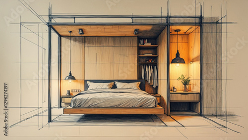 Bedroom interior design sketch with wood panels and modern furniture. Bed, lamps and shelf visible in hand drawn image