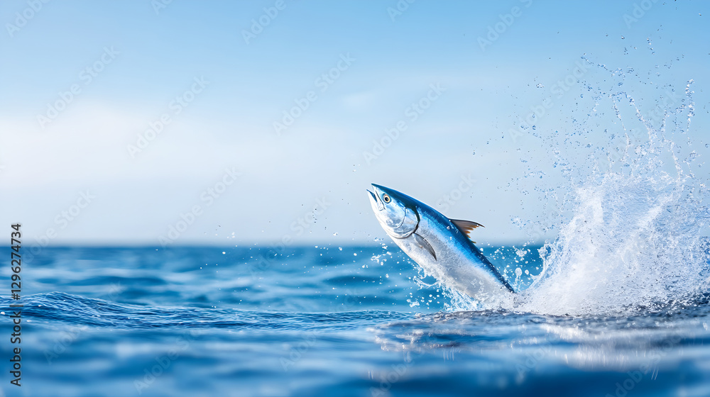 Fototapeta premium A powerful fish leaps out of the ocean, creating a dramatic water splash against a clear blue sky. Perfect for fishing content, wildlife photography, and marine conservation themes. Selective focus