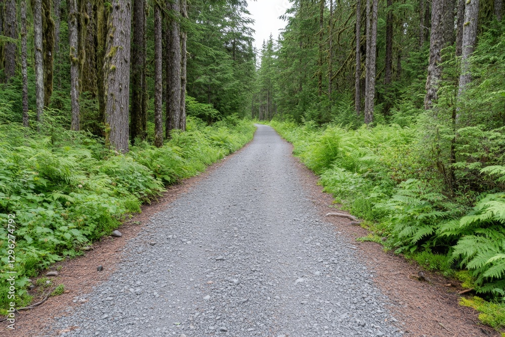 Fototapeta premium A serene green forest path leading into the distance, lined with tall trees and lush foliage, symbolizing tranquility and nature's beauty