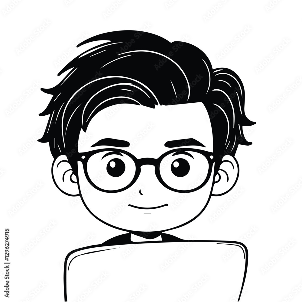 Fototapeta premium Cartoon boy with glasses working on a laptop