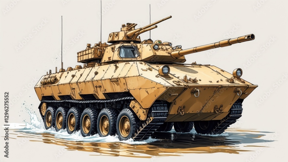 Tan Tank Illustration. Military vehicle rides on water. Eight wheels drive forward. Sketch art style with lines and shadows showing construction details Tan Tank Illustration. Military vehicle rides on water. Eight wheels drive forward. Sketch art style with lines and shadows showing construction details