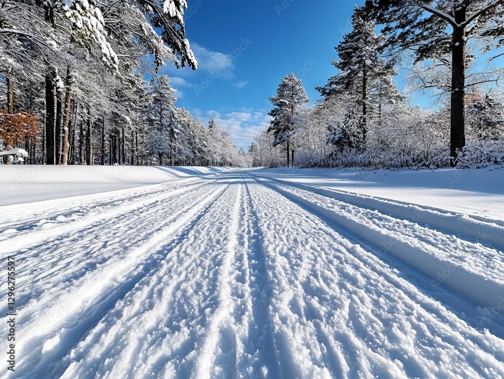 Obraz premium A snow covered road in the middle of a snowy forest