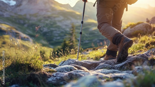 A hiker, clad in sturdy boots and a backpack, navigates the rugged terrain with a walking stick, a trusty companion for the journey ahead.