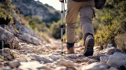 A hiker, clad in sturdy boots and a backpack, navigates the rugged terrain with a walking stick, a trusty companion for the journey ahead.